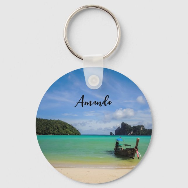 Thailand Travel Beach Photo with Fishing Boat Keychain (Front)