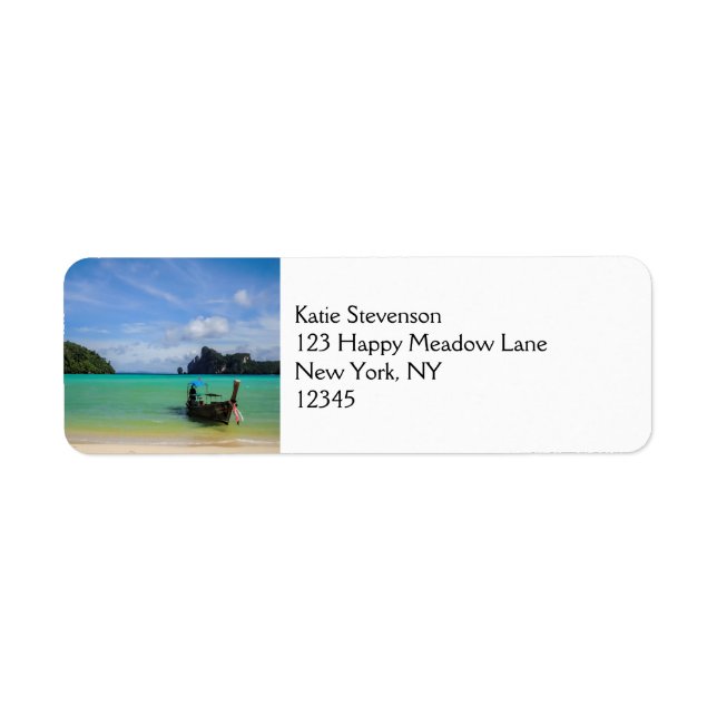 Thailand Travel Beach Photo with Fishing Boat Label (Front)