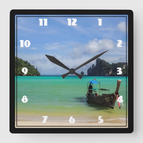 Thailand Travel Beach Photo with Fishing Boat Square Wall Clock