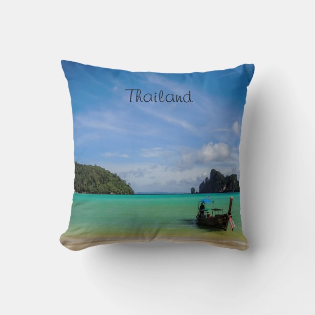 Thailand Travel Beach Photo with Fishing Boat Throw Pillow (Front)