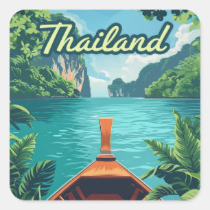 Thailand Tropical Island Long Tail Boat Vintage Square Sticker