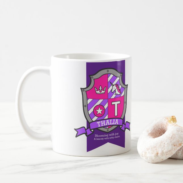 Thalia letter T crest pink unicorn name meaning Coffee Mug (With Donut)