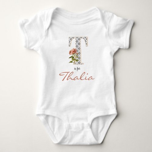 Thalia name Reveal Floral Letter T Pink Flower Baby Bodysuit