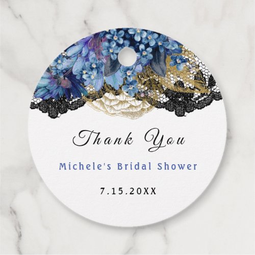 Than You Name Blue Gold Black Florals Bridal Lace Favor Tags