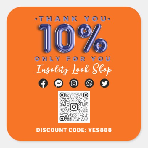 Thank 10 Off QR CODE Logo Discount Blue Orange Square Sticker