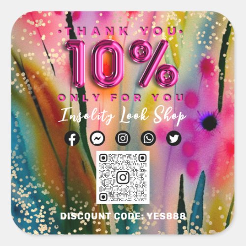 Thank 10 Off QR CODE Logo Discount Floral Gold Square Sticker