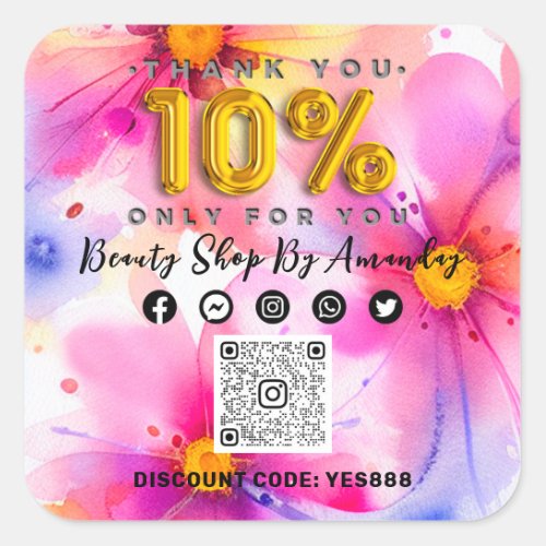 Thank 10 Off QR CODE Logo Discount Flowers Summer Square Sticker