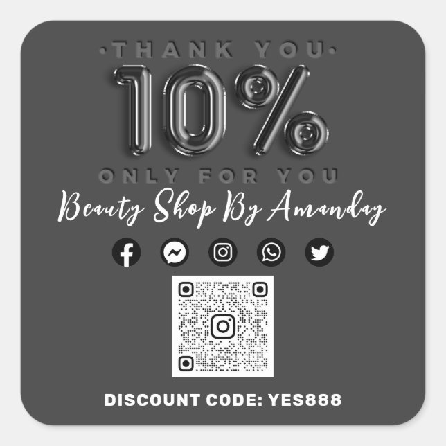 Thank 10% Off QR CODE Logo Discount Gray Black Square Sticker (Front)
