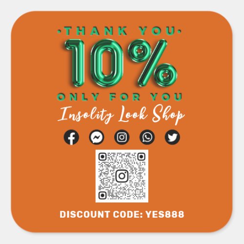 Thank 10 Off QR CODE Logo Discount Green Orange Square Sticker