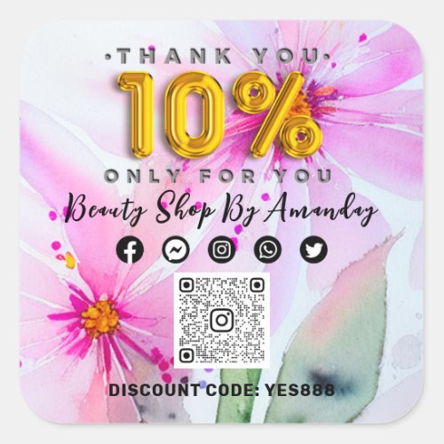 Thank 10 Off QR CODE Logo Discount Pink Flowers Square Sticker