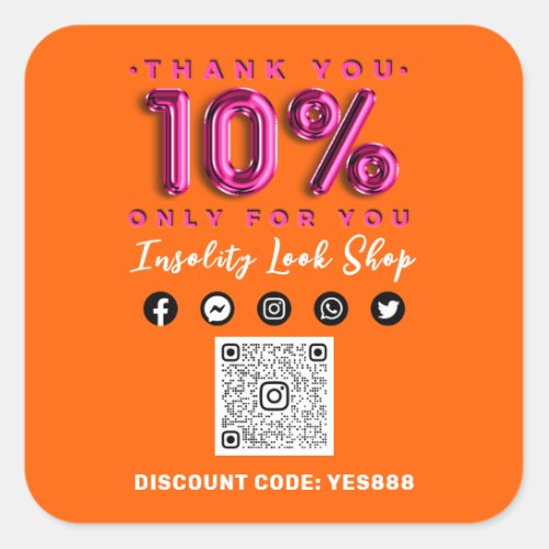 Thank 10 Off QR CODE Logo Discount Pink Orange Square Sticker