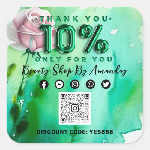Thank 10 Off QR CODE Logo Discount Rose Green Square Sticker