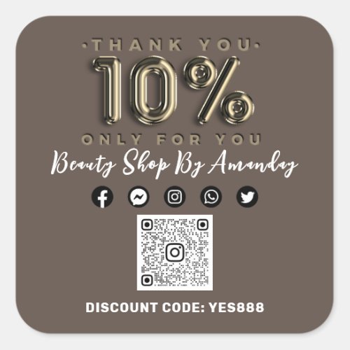 Thank 10 Off QR CODE Logo Discount Sepia Gold Square Sticker