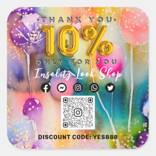 Thank 10Off QRCODE Logo Discount Code Floral Gold Square Sticker
