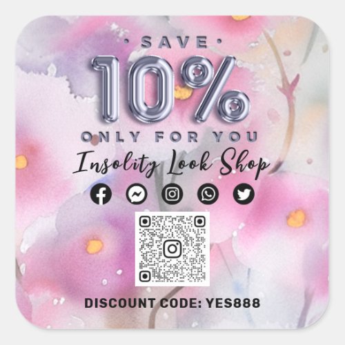 Thank 10Off QRCODE Logo Discount Code Floral Gray Square Sticker