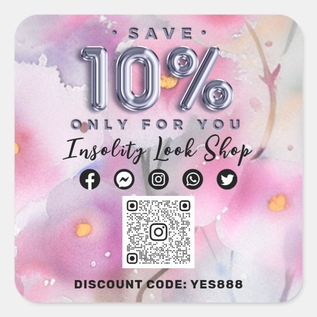 Thank 10%Off QRCODE Logo Discount Code Floral Gray Square Sticker (Front)