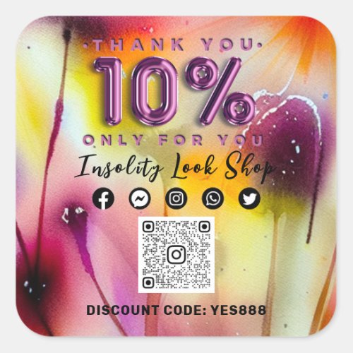 Thank 10 Off QRCODE Logo Discount Floral Berry Square Sticker