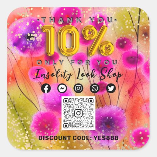 Thank 10Off QRCODE Logo Discount Pink Floral Gold Square Sticker
