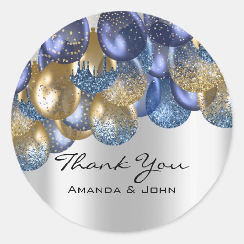 Thank 16th Bridal Wedding Ballon Blue Navy Silver Classic Round Sticker