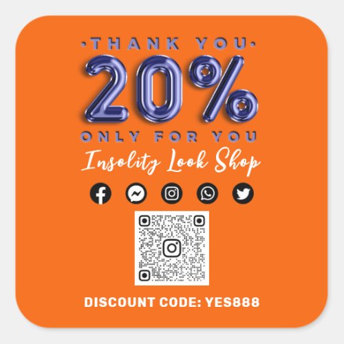 Thank 20 Off QR CODE Logo Discount Blue Orange Square Sticker