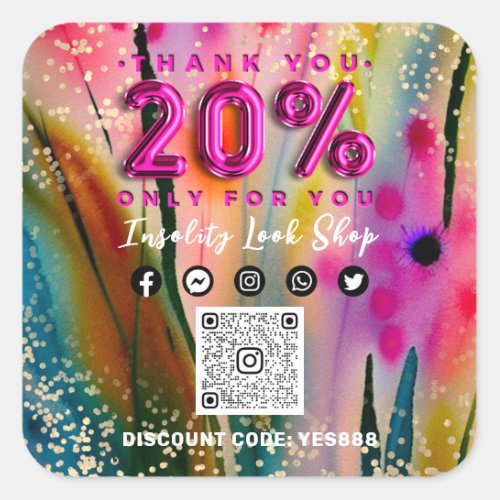 Thank 20 Off QR CODE Logo Discount Floral Gold Square Sticker