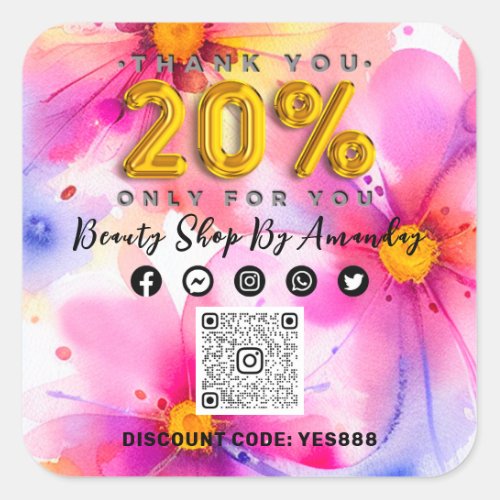Thank 20 Off QR CODE Logo Discount Flowers Summer Square Sticker