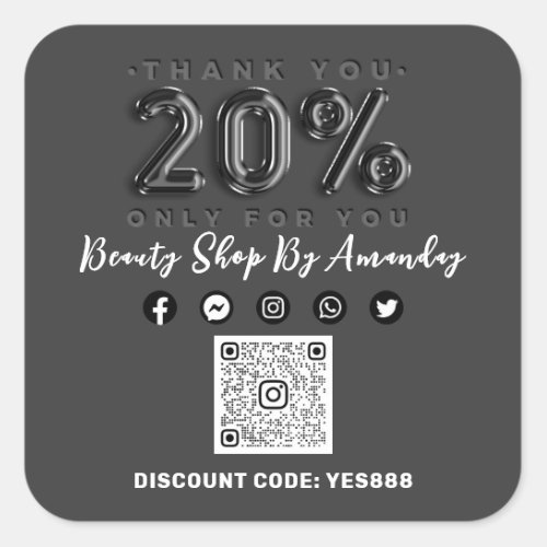 Thank 20 Off QR CODE Logo Discount Gray Black Square Sticker