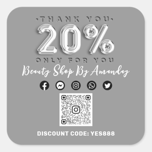 Thank 20 Off QR CODE Logo Discount Gray Silver Square Sticker