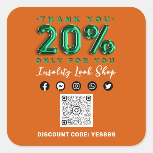 Thank 20 Off QR CODE Logo Discount Green Orange Square Sticker