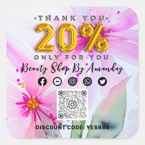 Thank 20 Off QR CODE Logo Discount Pink Flowers Square Sticker
