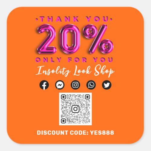 Thank 20 Off QR CODE Logo Discount Pink Orange Square Sticker