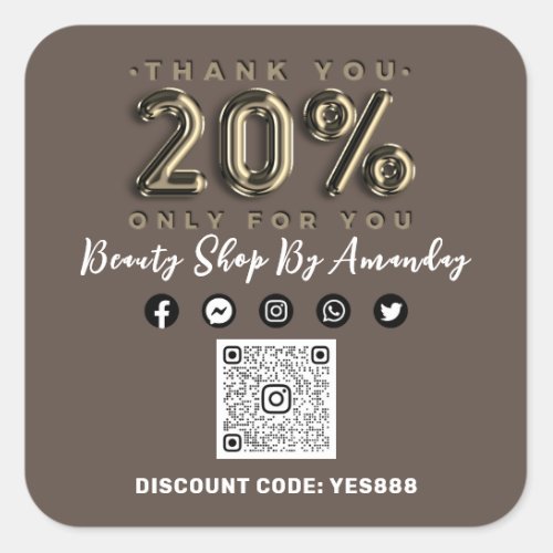 Thank 20 Off QR CODE Logo Discount Sepia Gold Square Sticker