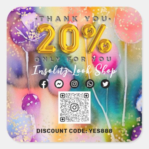 Thank 20Off QRCODE Logo Discount Code Floral Gold Square Sticker