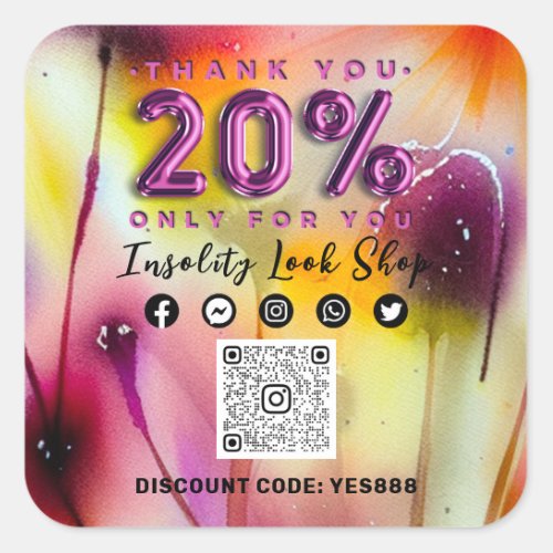 Thank 20 Off QRCODE Logo Discount Floral Berry Square Sticker