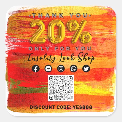 Thank 20 Off QRCODE Logo Discount Gold Red Stroke Square Sticker