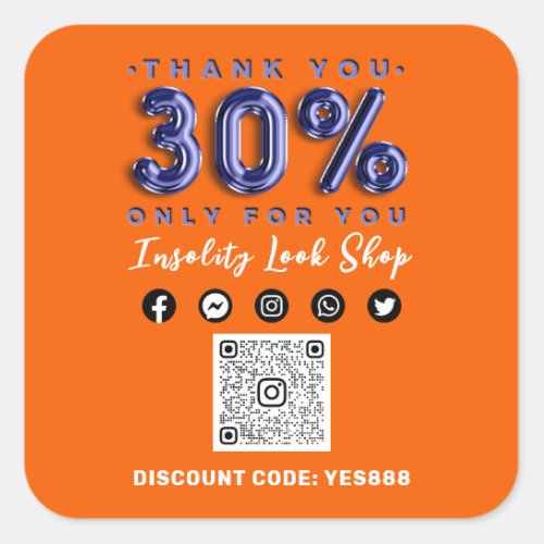 Thank 30 Off QR CODE Logo Discount Blue Orange Square Sticker