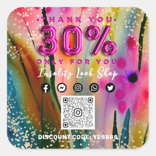 Thank 30 Off QR CODE Logo Discount Floral Gold Square Sticker