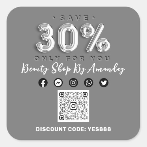 Thank 30 Off QR CODE Logo Discount Gray Silver Square Sticker