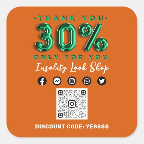 Thank 30 Off QR CODE Logo Discount Green Orange Square Sticker