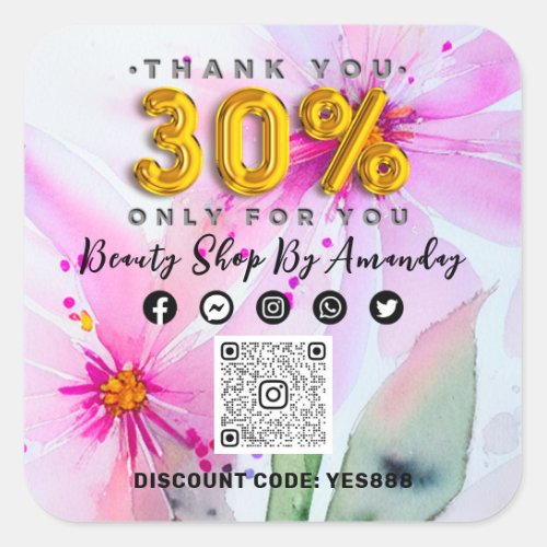 Thank 30 Off QR CODE Logo Discount Pink Flowers Square Sticker