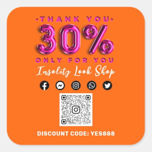 Thank 30 Off QR CODE Logo Discount Pink Orange Square Sticker