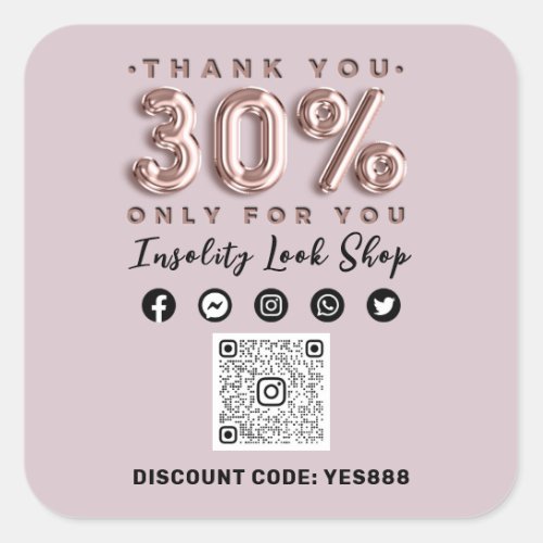 Thank 30 Off QR CODE Logo Discount Pink Rose Square Sticker