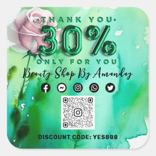 Thank 30 Off QR CODE Logo Discount Rose Green Square Sticker