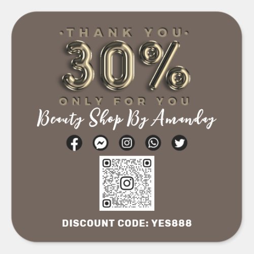 Thank 30 Off QR CODE Logo Discount Sepia Gold Square Sticker
