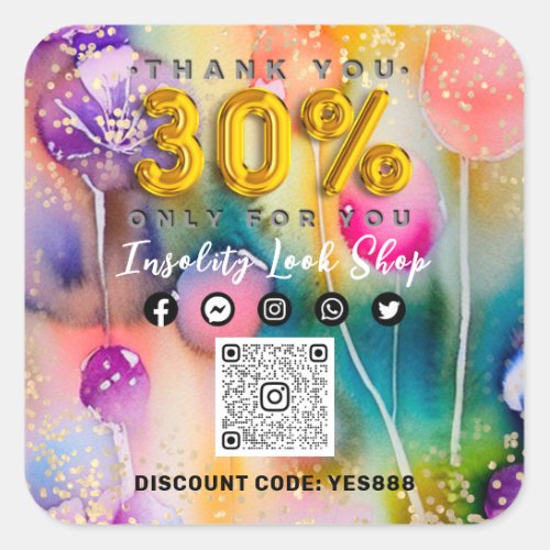 Thank 30Off QRCODE Logo Discount Code Floral Gold Square Sticker