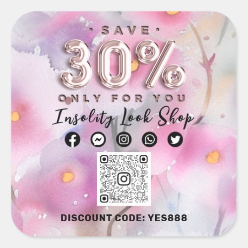 Thank 30Off QRCODE Logo Discount Code Floral Gray Square Sticker