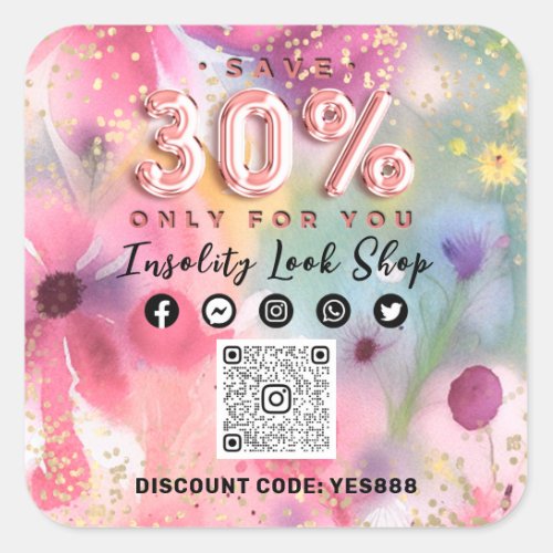 Thank 30Off QRCODE Logo Discount Code Floral Pink Square Sticker