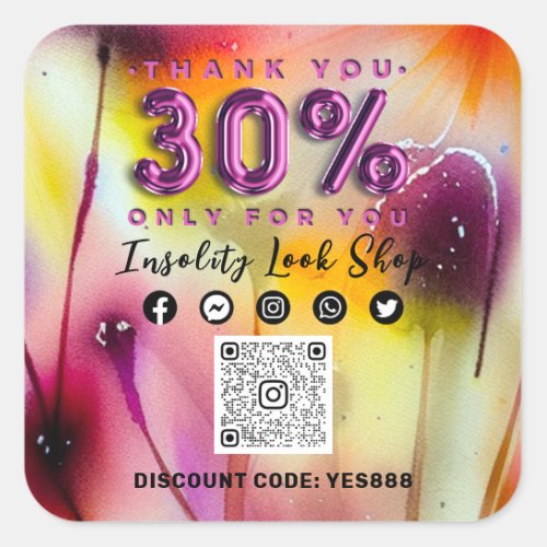 Thank 30 Off QRCODE Logo Discount Floral Berry Square Sticker