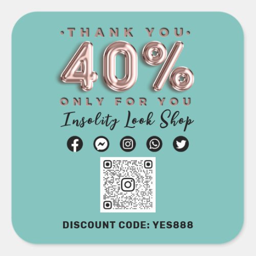 Thank 40 Off QR CODE Logo Discount Aqua Blue Rose Square Sticker