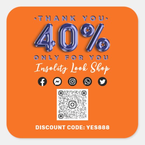 Thank 40 Off QR CODE Logo Discount Blue Orange Square Sticker